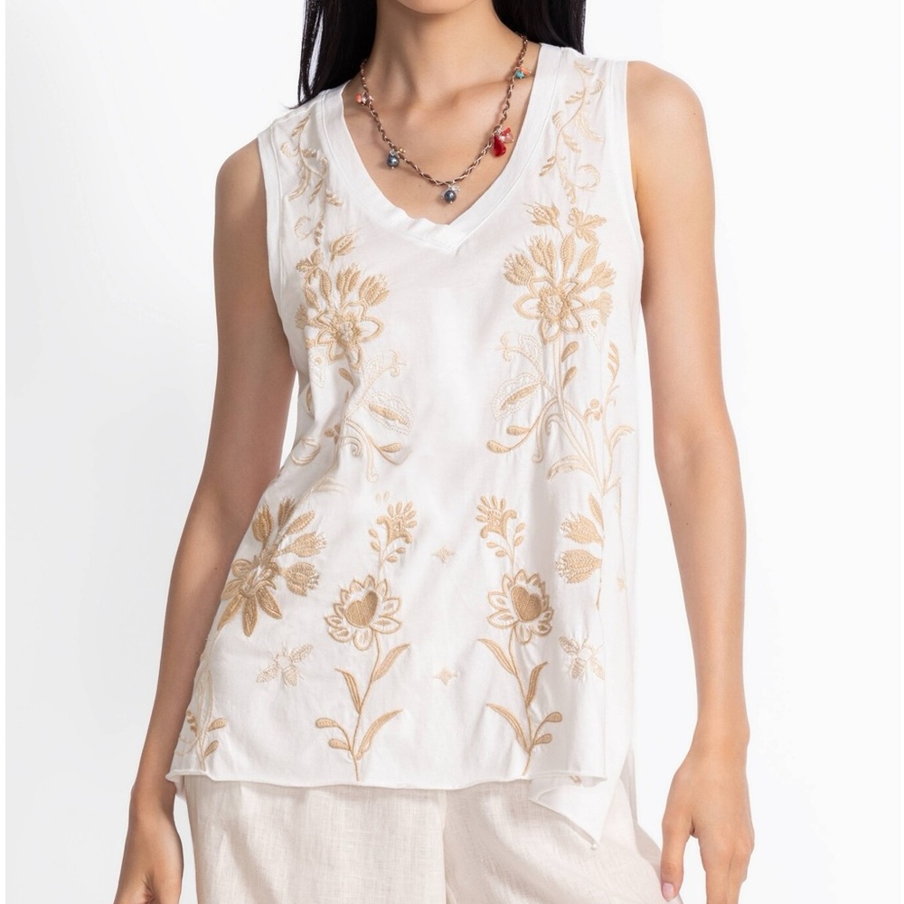 Johnny Was White and Gold Floral Tank Top